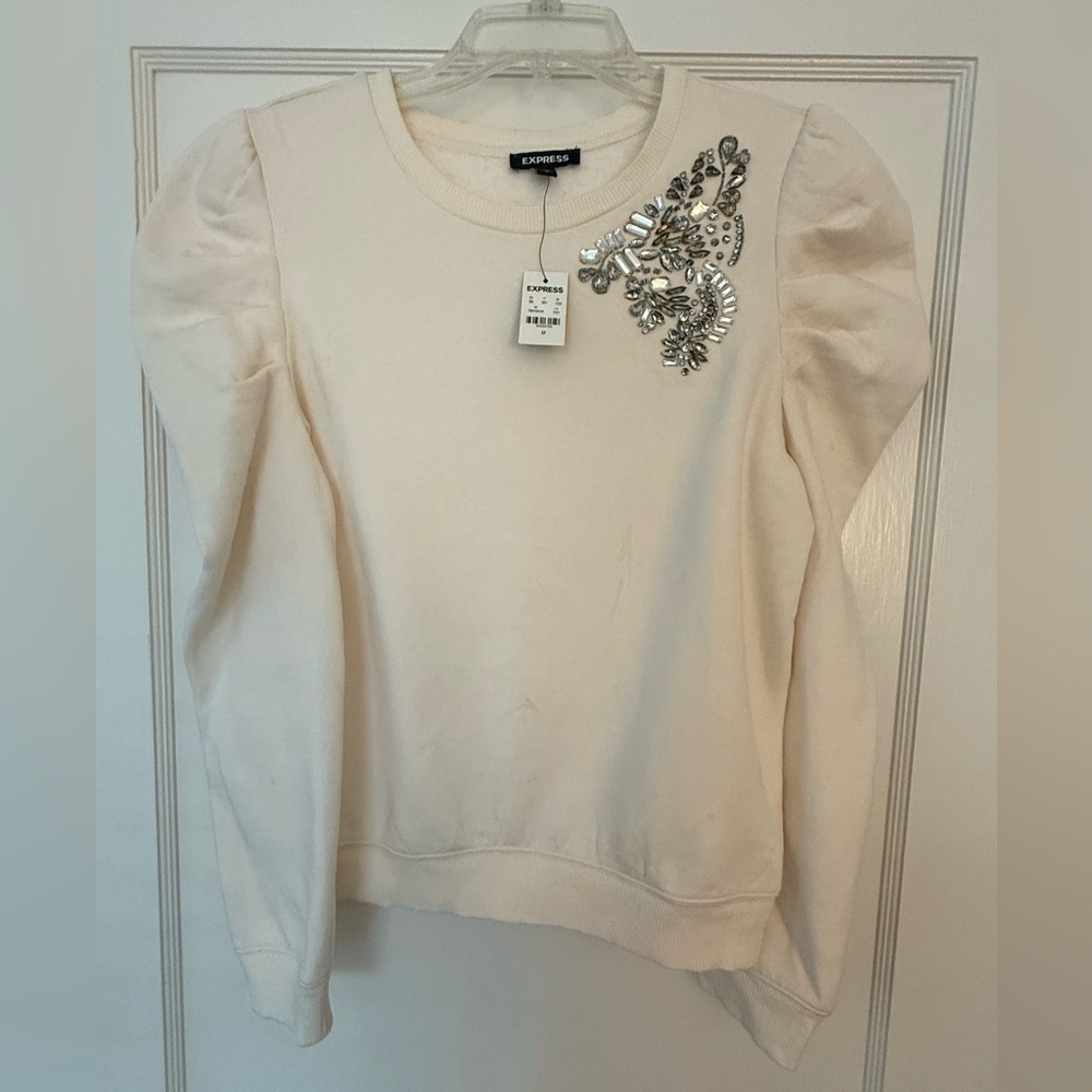 Express Cream Crewneck Sweater with Beaded Embellishment